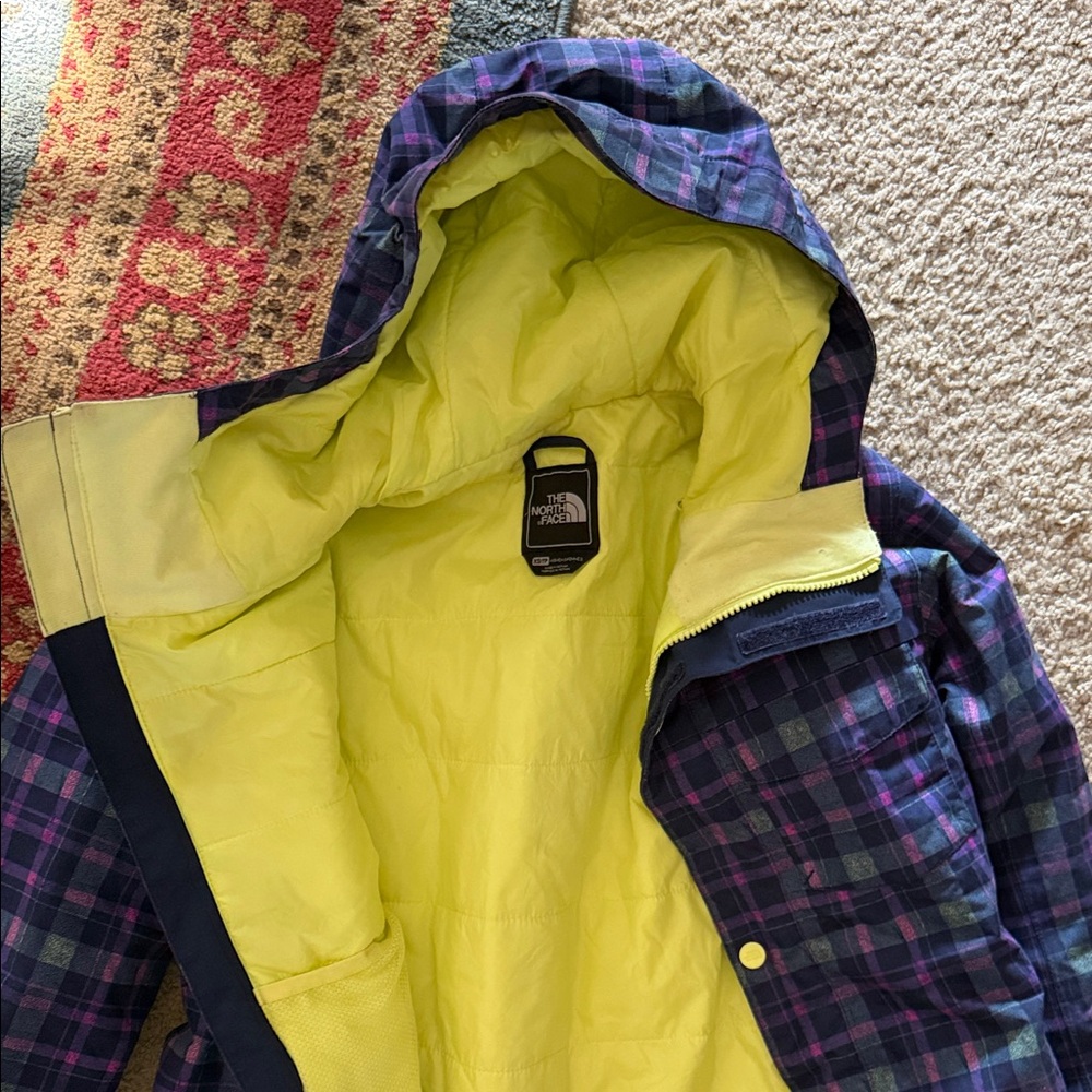 The North Face Purple & Navy Plaid Jacket with Neon Yellow Lining